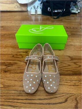 Sam Edelman Nude Crystal-Stud Mary Jane Flats